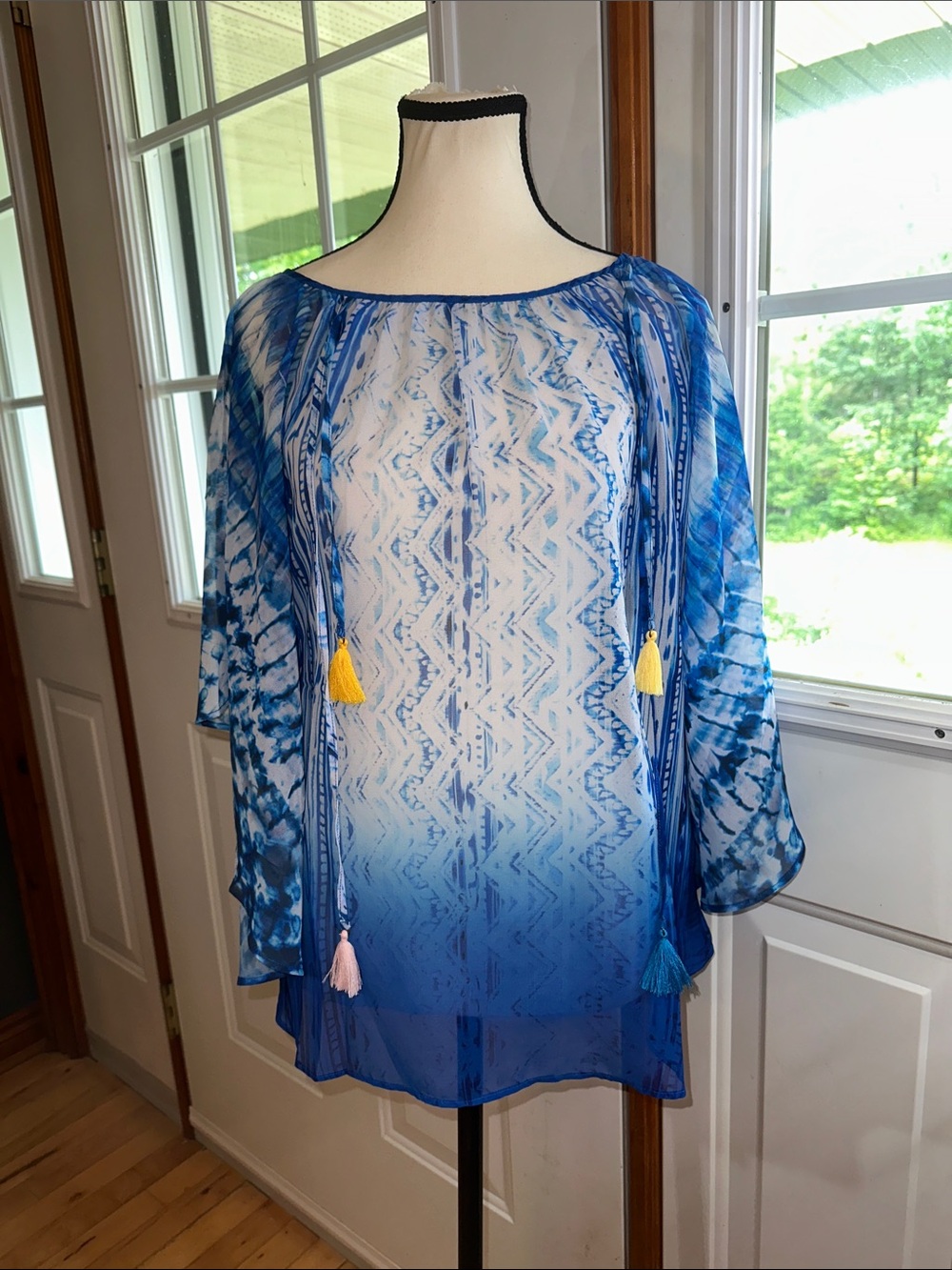 Desigual Blue Tie-Dye Sheer Batwing  Top